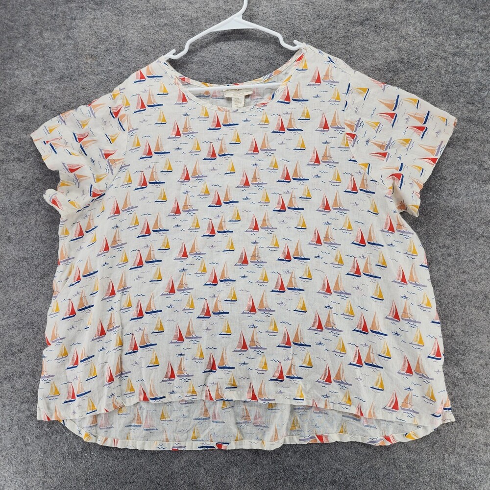 Cynthia Rowley Shirt Womens 2X Short Sleeve White Linen Sail Boats